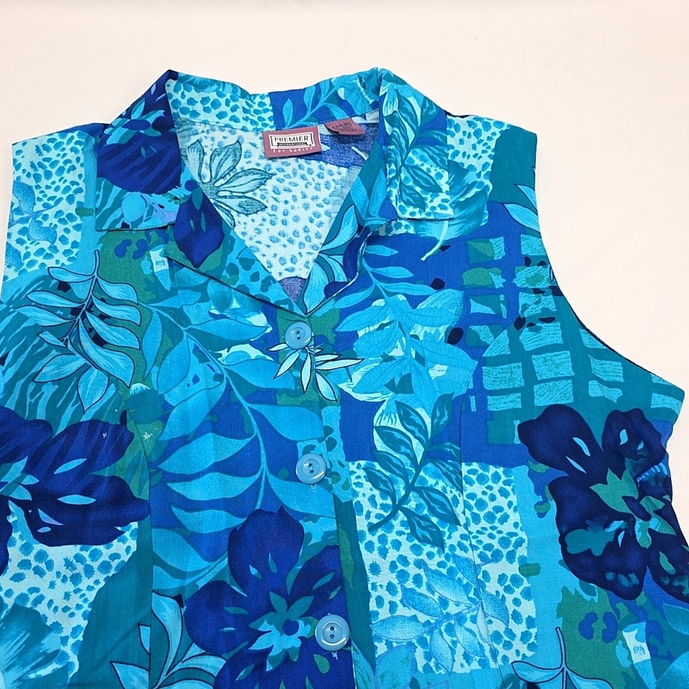 Vintage Premier Button Down Womens L Blue Tropical Floral Sleeveless Top